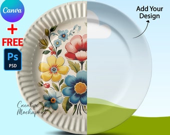 Mockup di piatto di carta Canva, Mockup di piatto da pranzo, Mockup di piatto da cucina, Mockup di piatto di carta per feste, Aggiungi design e sfondo tramite cornice Canva, PSD