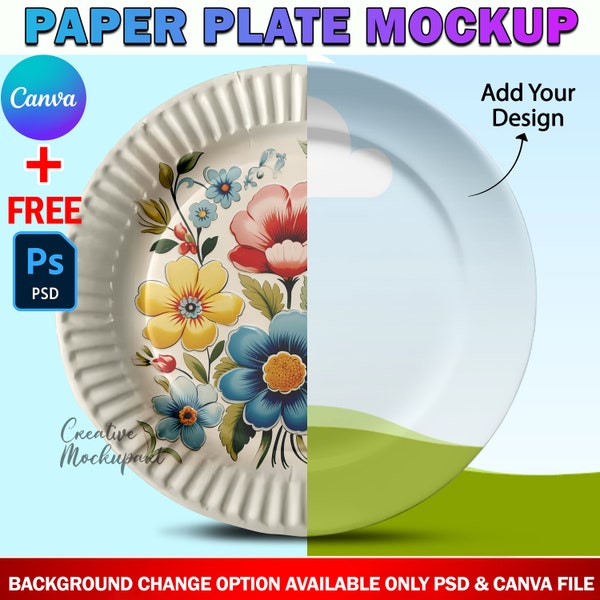 Canva Paper Plate Mockup, Dinner Plate Mockup, Kitchen Plate Mockup, Paper Party Plate Mockup, Add Design & Background Via Canva Frame, PSD