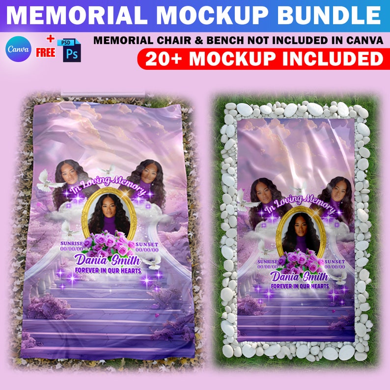 May include: A purple memorial blanket mockup featuring a photo frame with the text "In Loving Memory" and "Dania Smith", along with sunrise and sunset dates. The blanket is shown against a white stone backdrop.