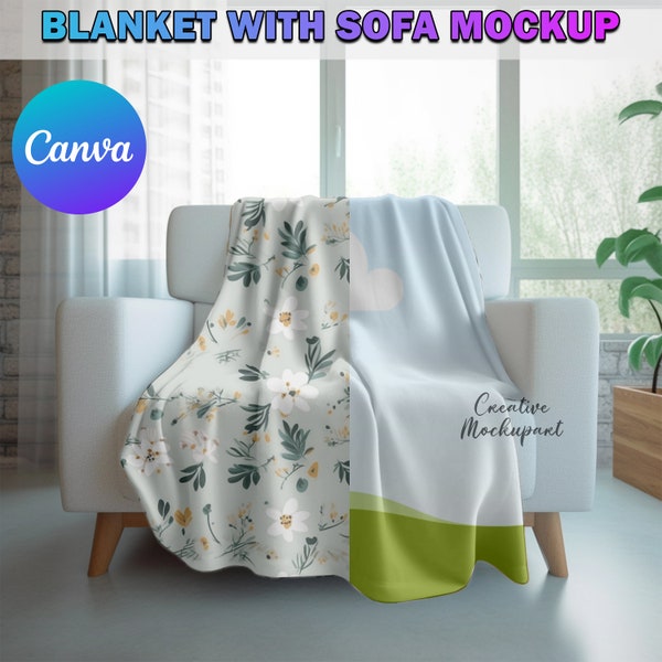 Canva Blanket On Sofa Mockup, Velveteen Plush Minky Fleece Blanket On Living Room Sofa Mockup, Easy Drag & Drop Canva Frame Blanket Mockup