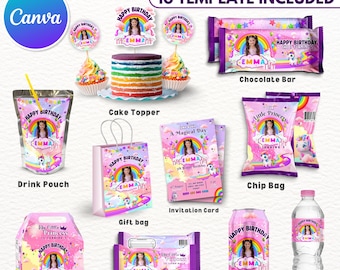 10x Unicorn Birthday Party Favor Template Bundle, Canva Editable Birthday Party Treats Design, Water Labels Chip Bag Wrapper Invitation Card
