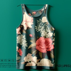 K&ouml;nnte beinhalten: Ein &auml;rmelloses Tanktop mit einem Blumendruck mit rosa, roten, wei&szlig;en und gr&uuml;nen Blumen auf einem dunkelgr&uuml;nen Hintergrund.