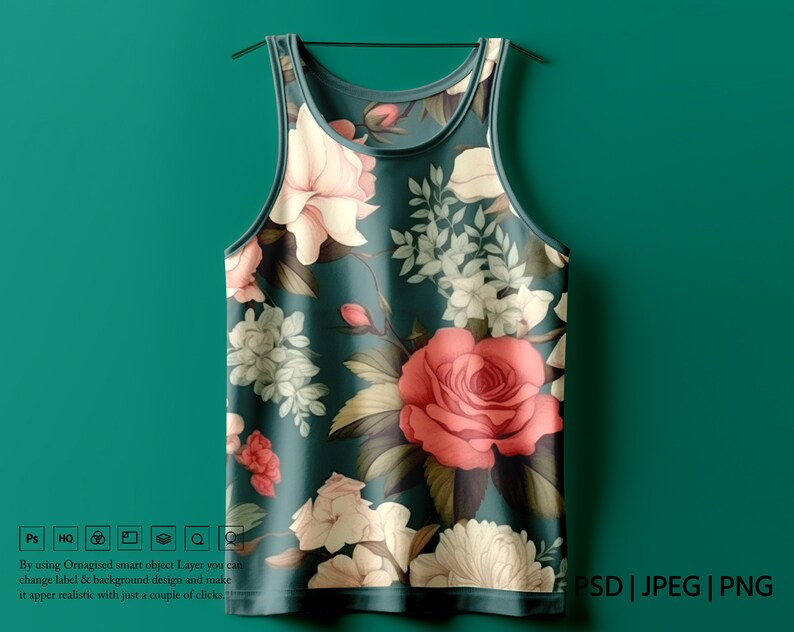 K&ouml;nnte beinhalten: Ein &auml;rmelloses Tanktop mit einem Blumendruck mit rosa, roten, wei&szlig;en und gr&uuml;nen Blumen auf einem dunkelgr&uuml;nen Hintergrund.