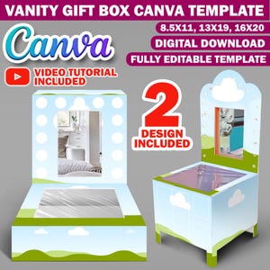 Plantilla Canva para 2 cajas de regalo de tocador, caja de regalo de Pascua de cartón pluma, bolsa de regalo de lujo editable, regalo de cumpleaños, caja de maquillaje DIY para mamá