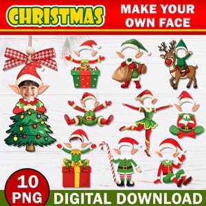 10x Christmas Add Your Own Custom Photo Face Ornament, DIY Elf Yourself PNG Bundle, Elf Face Blank, Xmas Office Ornament For Party & Decor