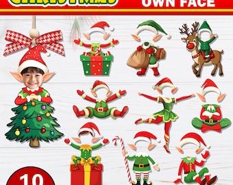 10 adornos navideños con foto personalizada, paquete de elfo DIY PNG, cara de elfo en blanco, adorno navideño de oficina para fiesta y decoración