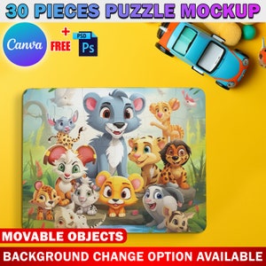 Peut inclure: Une maquette de puzzle de 30 pi&egrave;ces repr&eacute;sentant une illustration color&eacute;e d'animaux de dessin anim&eacute; dans un d&eacute;cor de jungle. Le puzzle est sur une surface jaune avec une voiture jouet et une balle bleue.