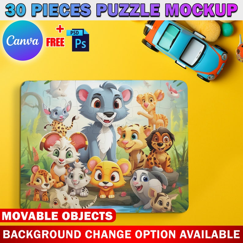 Peut inclure: Une maquette de puzzle de 30 pi&egrave;ces repr&eacute;sentant une illustration color&eacute;e d'animaux de dessin anim&eacute; dans un d&eacute;cor de jungle. Le puzzle est sur une surface jaune avec une voiture jouet et une balle bleue.
