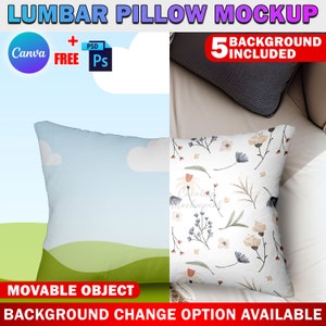 May include: A mockup of a lumbar pillow with a floral pattern on one side and a blue sky with clouds on the other side. The pillow is on a bed with a white sheet and a gray pillow. The text "LUMBAR PILLOW MOCKUP" is at the top of the image. The text "5 BACKGROUND INCLUDED" is in the upper right corner of the image. The text "MOVABLE OBJECT" is at the bottom left of the image. The text "BACKGROUND CHANGE OPTION AVAILABLE" is at the bottom of the image.
