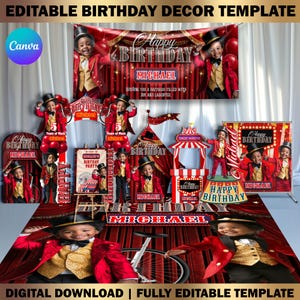 9x Circus Theme Birthday Decor Canva Template Bundle, Name Cutout, Backdrop, Arch Entrance, Backdrop, Entry Sign, Floor Wrap Decor Set