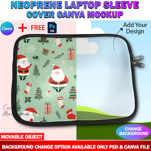 May include: A mockup of a black neoprene laptop sleeve with a Christmas-themed design featuring Santa Claus, presents, and snowflakes. The sleeve has a zipper closure and a blank space for adding a design. The text "Add Your Design" is visible on the image.