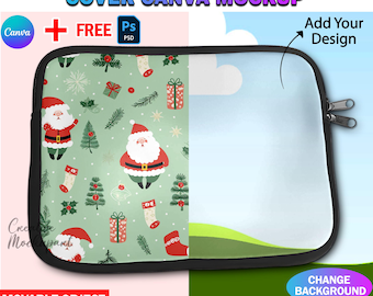 Canva Neoprene Laptop Sleeve Cover Mockup, Dye Sublimation Laptop Neoprene Bag Mockup, Insert Design And Background Via Smart PSD, Canva