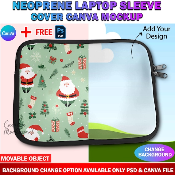 Canva Neoprene Laptop Sleeve Cover Mockup, Dye Sublimation Laptop Neoprene Bag Mockup, Insert Design And Background Via Smart PSD, Canva