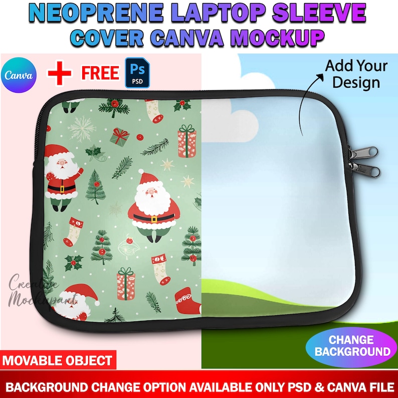 May include: A mockup of a black neoprene laptop sleeve with a Christmas-themed design featuring Santa Claus, presents, and snowflakes. The sleeve has a zipper closure and a blank space for adding a design. The text "Add Your Design" is visible on the image.