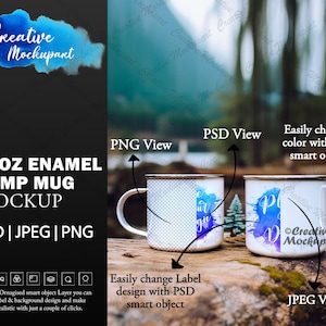 Maqueta de taza de campamento esmaltada de 11 oz con borde negro para sublimación / Fotografía de stock de estilo al aire libre / Agregar diseño mediante Photoshop PSD, Canva PNG y JPG