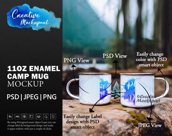 Maqueta de taza de campamento esmaltada de 11 oz con borde negro para sublimación / Fotografía de stock de estilo al aire libre / Agregar diseño mediante Photoshop PSD, Canva PNG y JPG