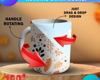 Mockup di tazza rotante da 11 once su sfondo autunnale di Canva / Modello animato di mockup di tazza da caffè da 11 once / Cornice Canva facile da trascinare e rilasciare da 11 once, 12, 15 once