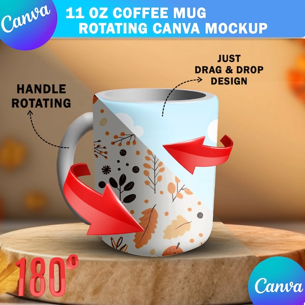 Canva 11oz Rotating Mug Mockup In Fall Background | Animated 11oz Coffee Cup Mockup Template | 11Oz, 12, 15Oz Easy Drag and Drop Canva Frame