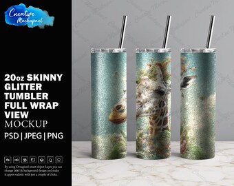 Maquette de gobelet à paillettes minces enveloppantes, 20 oz pour sublimation | Ajoutez votre propre design via Photoshop Couche d'objet PSD Smart PSD, Canva PNG et JPG