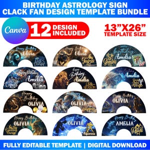 12x Urodziny Znak Astrologiczny Clack Fan Design Canva Szablon, W pełni Edytowalny Przeciągnij i Upuść Szablon, 26"X13" Urodzinowy Fan, Prezent Na Dzień Matki