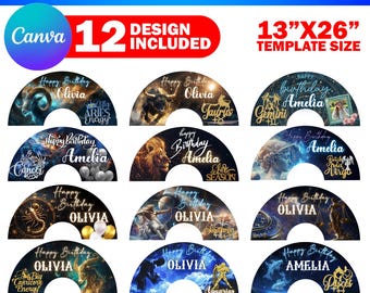 12x Geburtstags-Astrologie-Zeichen Klack Fan Design Canva-Vorlage, vollständig bearbeitbare Zieh&Drop-Vorlage, 26 "X 13" Geburtstagsfächer, Muttertagsgeschenk