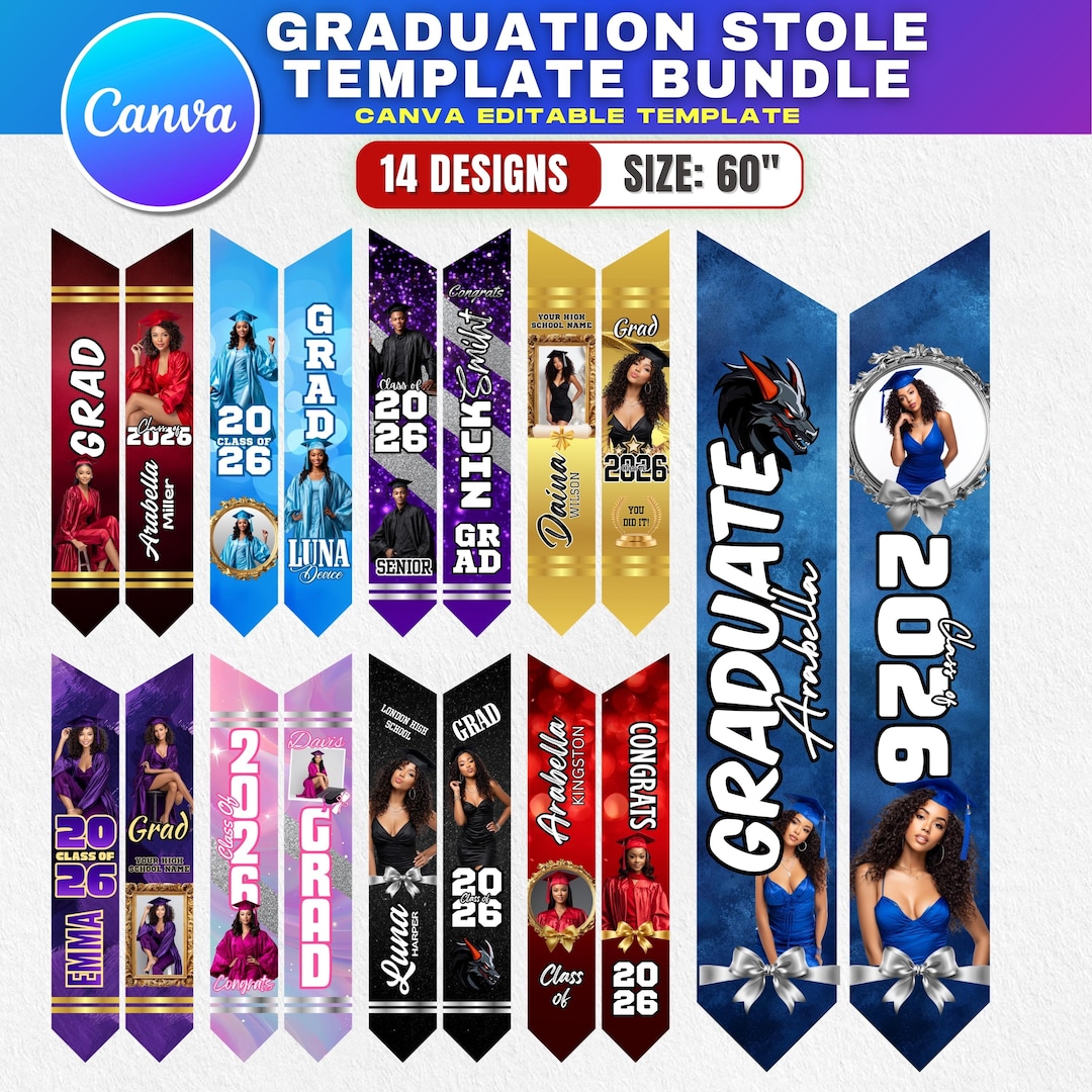 14x Graduation Stole Templates for Canva, 60 Inch Senior 2026 Grad Sash ...