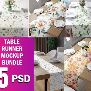 May include: Five table runner mockups showcasing various floral designs. The mockups depict the table runners laid out on wooden tables, complete with white plates and cutlery. The text "TABLE RUNNER MOCKUP BUNDLE 5 PSD" is presented against a pink backdrop.