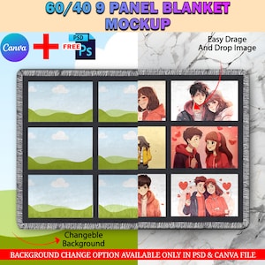 Puede incluir: Una maqueta de manta de 9 paneles con un fondo personalizable. La manta está dividida en nueve cuadrados, cada uno con una imagen diferente de una pareja. El texto "60/40 9 PANEL BLANKET MOCKUP" está en la parte superior de la imagen. El texto "Easy Drage And Drop Image" está en la parte superior derecha de la imagen. El texto "Changeble Background" está en la parte inferior de la imagen. El texto "BACKGROUND CHANGE OPTION AVAILABLE ONLY IN PSD & CANVA FILE" está en la parte inferior de la imagen.