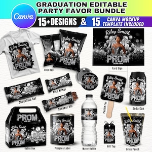 May include: A graduation party favor bundle with 15+ designs, including a t-shirt, chip bag, chocolate bar, yard sign, and more. Each item features a photo of a person and the word "PROM". The bundle includes a Canva mockup template.