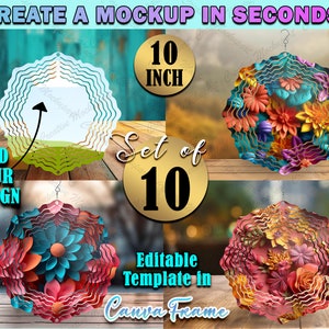 Canva Frame 10 Inch Flower Shape Wind Spinner Mockup | SET OF 10 Different Canva Background| DYE Sublimation Add Your Own Design Via Canva