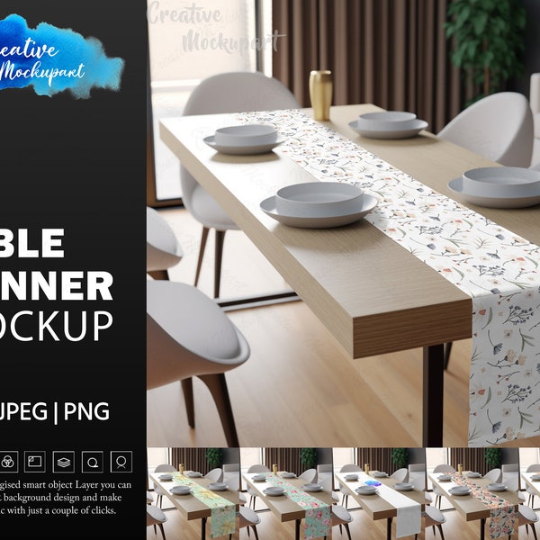 Table Runner Mockup |  Dinning Room Set Up | Dye sublimation | Add Your Own Design Via Photoshop Smart PSD Object Layer, Canva PNG & JPG