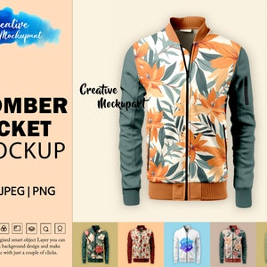 May include: A mockup of a bomber jacket with a floral pattern. The jacket is green and has a brown collar and cuffs. The jacket is on a white background.