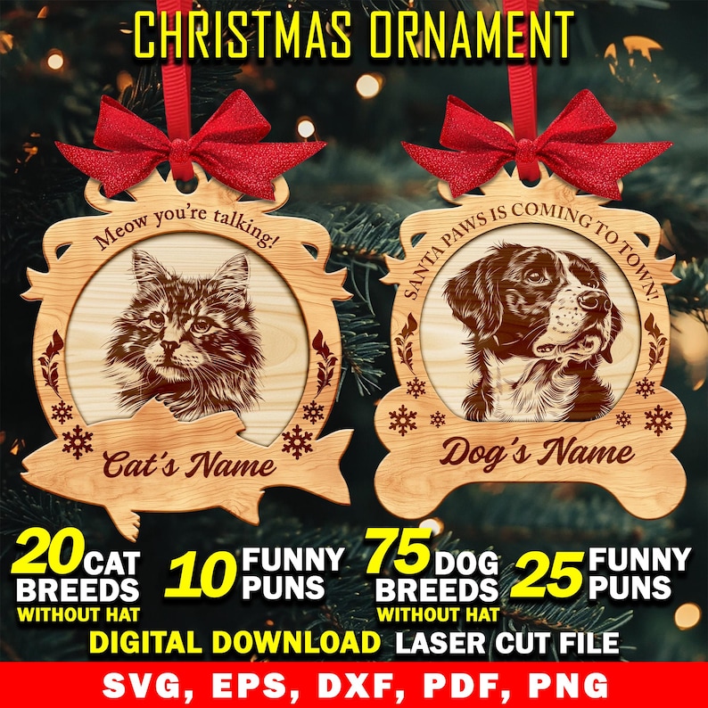 Op de afbeelding: Twee lasergesneden houten kerstversieringen, een met een kat en de andere met een hond. De ornamenten zijn gevormd als een pootafdruk en hebben de tekst "Meow you're talking!" en "Santa Paws is coming to town!" De ornamenten zijn digitaal te downloaden en verkrijgbaar in de formaten SVG, EPS, DXF, PDF en PNG.