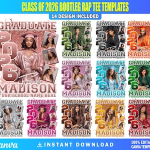 May include: A collection of 14 graduation-themed t-shirt templates. Each design features the text "GRADUATE 2026" and the name "MADISON" with space for a school name. The designs showcase photos of graduates in various colors, including pink, green, and blue.