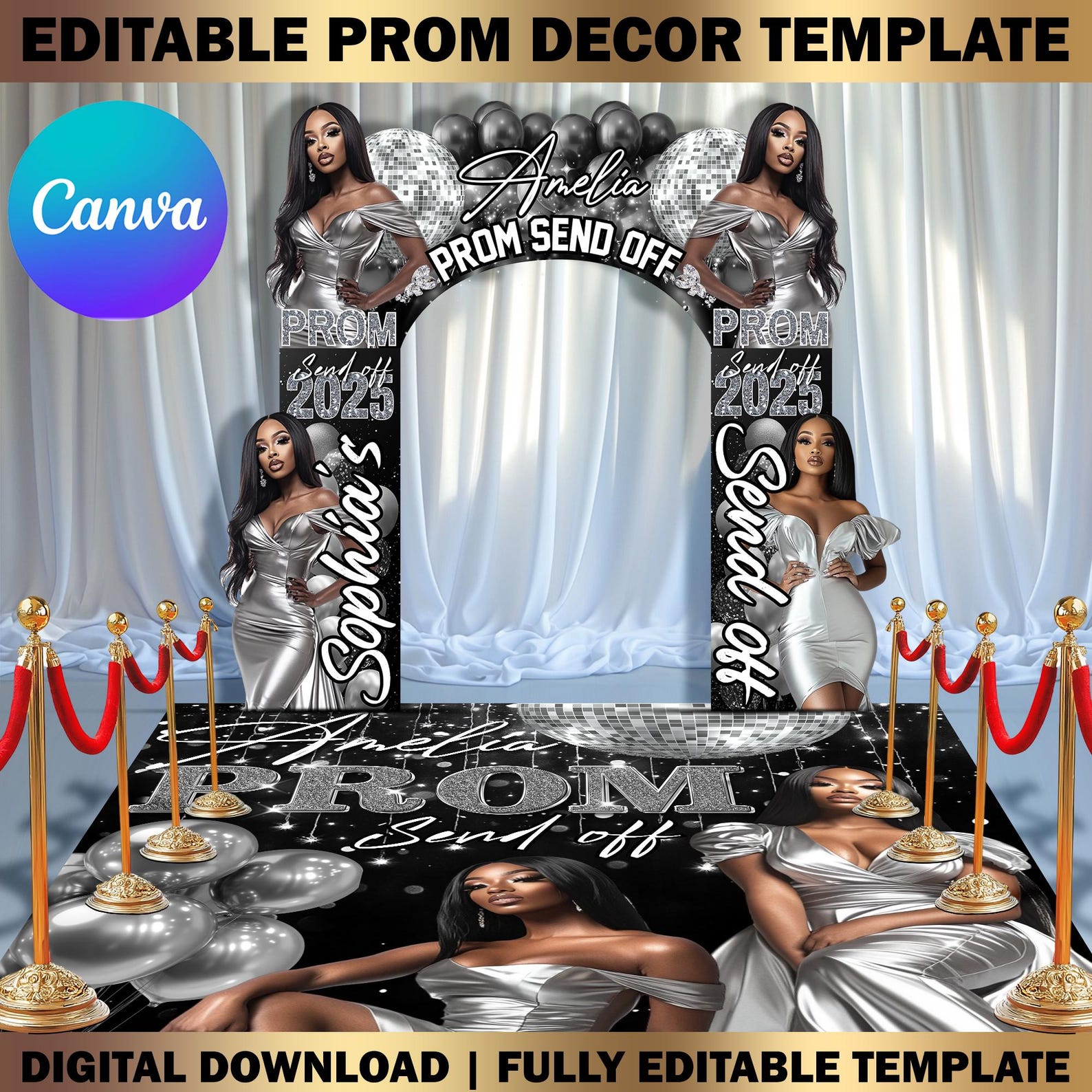 Custom Prom Decor Canva Template Bundle, Name Cutout, Black & Silver ...