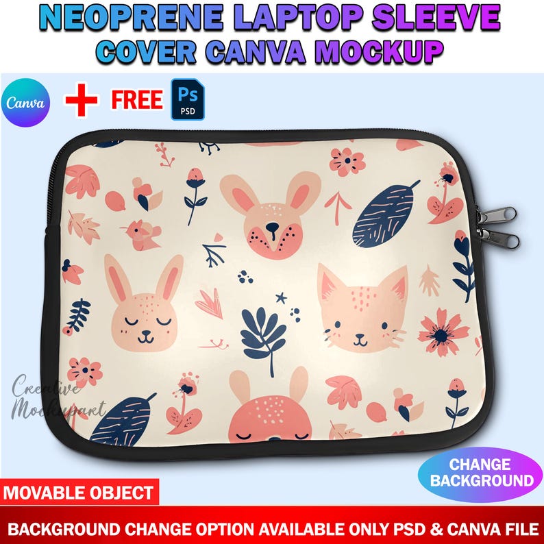 May include: A white neoprene laptop sleeve with a black zipper. The sleeve has a repeating pattern of pink animals, flowers, and leaves. The text "CHANGE BACKGROUND" is visible in the bottom right corner.