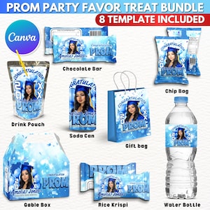 Gâterie d'envoi pour le bal de promo, Lot de modèles d'emballage pour bal de promo, Gâteries bleu clair et argent pour bal de fin d'année, lot festif en toile, étiquettes d'eau personnalisées, sac de chips