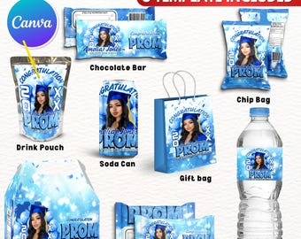 Prom Send Off Treat, Prom Packaging Template Bundle, Light Blue & Silver Prom Treats, Canva Party Bundle, Custom Water Labels, Chip Bag