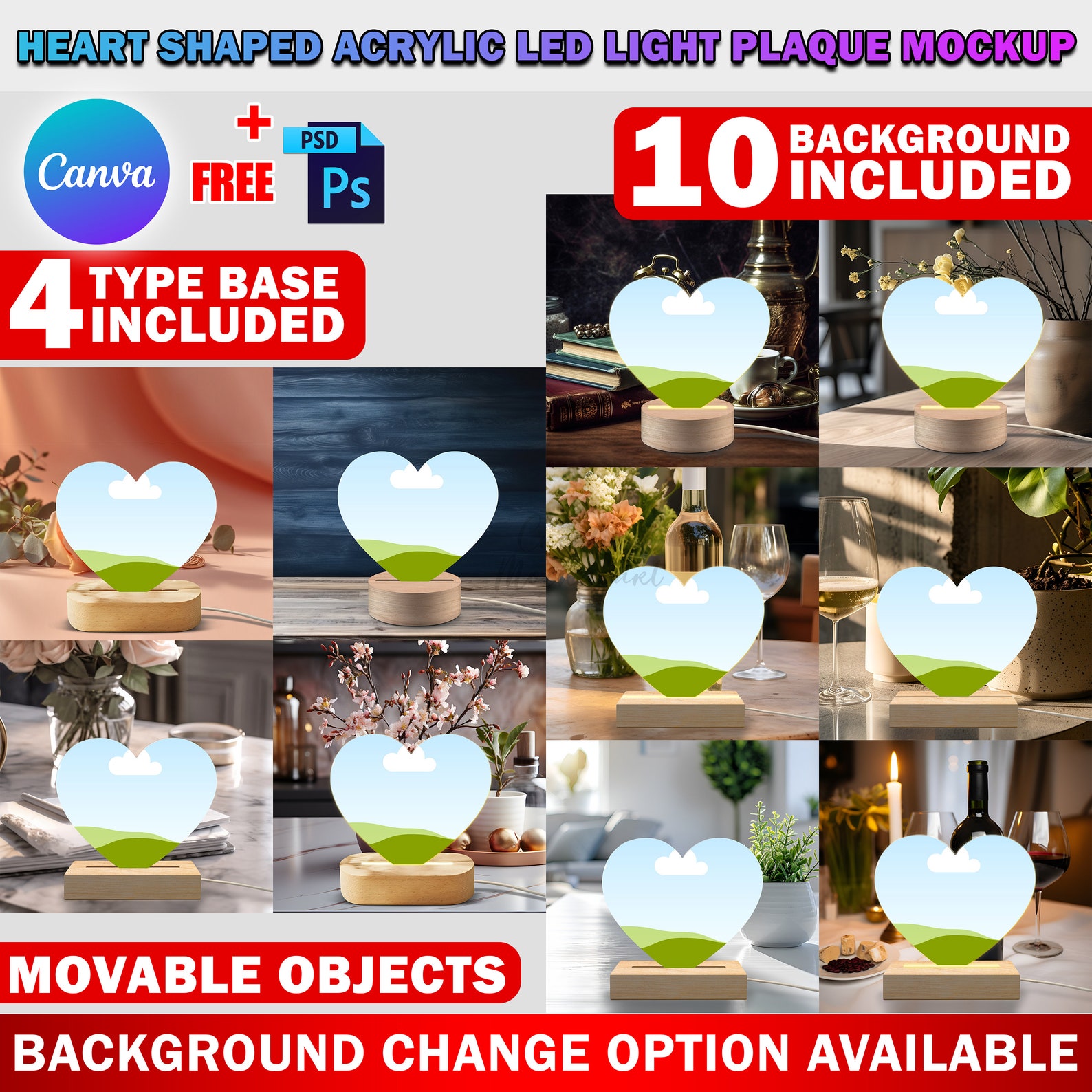 Heart Photo Insert Canva Heart Shaped Acrylic LED Light Plaque Mockup, Personalized Heart ...