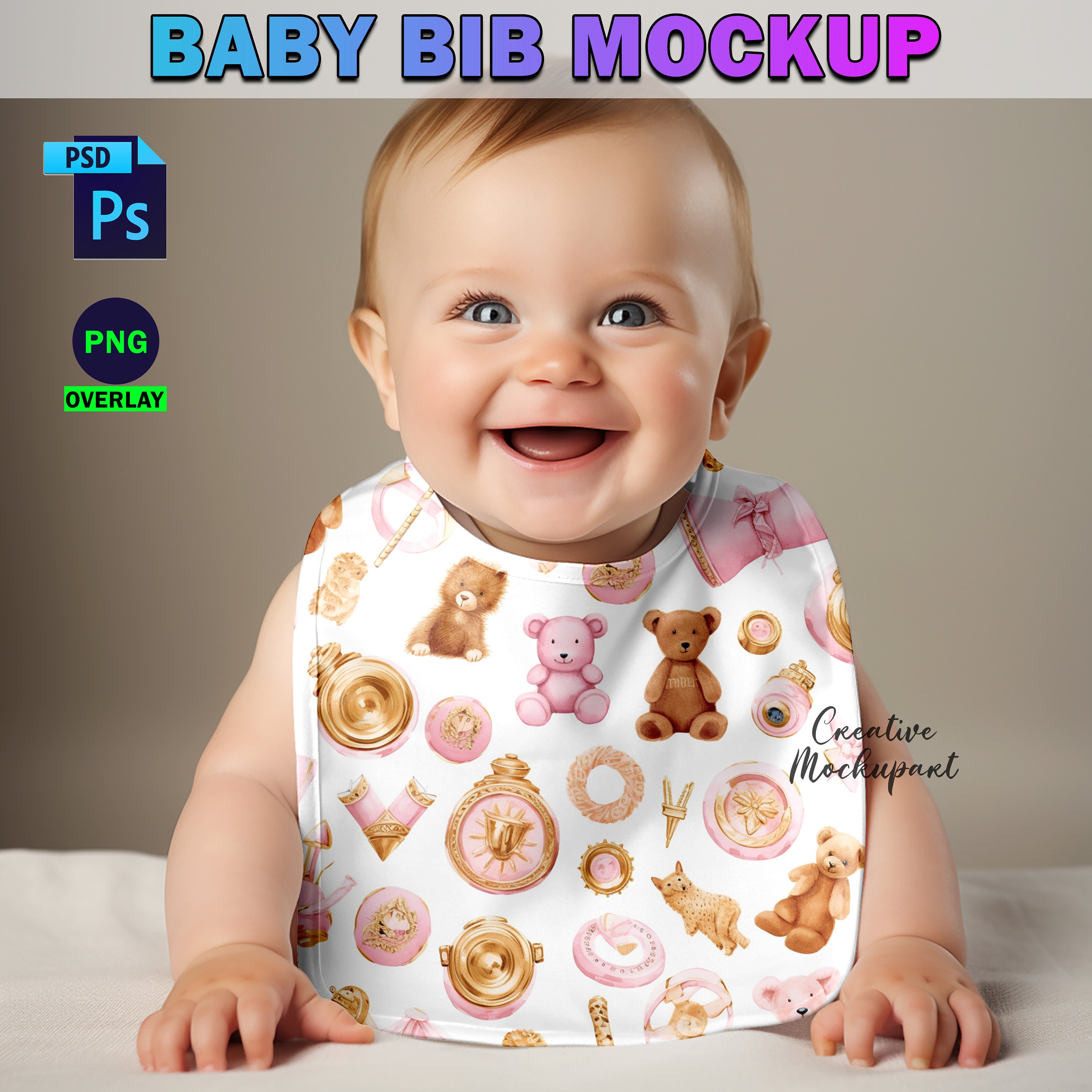 Baby Bib Mockup | Baby Mockups, Baby Clothes Mockup | Insert Design Via Photoshop Smart PSD, Canva PNG & JPG