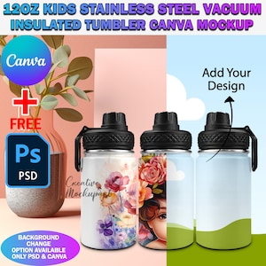 Canva Frame 12oz Kids Stainless Steel Tumbler With Flip Top Lid Mockup Sublimation, 12oz Screw Top Tumbler Mockup Insert Design & Background