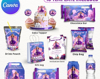 10x Under The Sea Theme Birthday Party Favor Template Bundle, Canva Editable Birthday Party Treats Design, Water Labels, Chip Bag, Wrapper