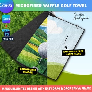 Canva Golf Towel Mockup, Microfiber Waffle Sports Towel Mockup. Insert Design & Background Via Canva Frame And Smart PSD