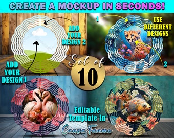 May include: Set of 10 editable Canva templates for creating mockups of round, layered wind spinners. The templates feature different designs, including a landscape scene, a cheetah in a floral setting, flamingos with roses, and a fish with flowers. The text "Set of 10" and "Editable Template-in Canva Frame" is visible on the image.