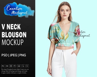 V-Ausschnitt Blouson Top Mockup | V-Neck Top Mockup | Bella Leinwand mit V-Ausschnitt Mockup | Hintergrund ändern, Design einfügen über Photoshop PSD, Canva PNG Jpg
