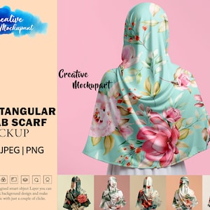 May include: A mockup of a rectangular floral hijab scarf in a light blue color with pink and white flowers. The scarf is draped over a mannequin's head and shoulders. The background is a light pink color.