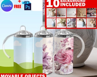 Canva 12oz Sippy Cup Mockup For Sublimation, 11 Ready to Use Background Included, Add Own Design And Background Via Smart Canva Frame, PSD