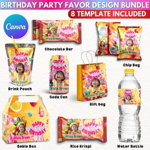 8X Fruits Theme Birthday Party Favor Template Bundle, Canva Editable Birthday Party Treats Design, Custom Water Labels, Chip Bag, Wrapper