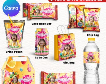 8X Fruits Theme Birthday Party Favor Template Bundle, Canva Editable Birthday Party Treats Design, Custom Water Labels, Chip Bag, Wrapper