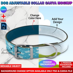 Puede incluir: Una maqueta de un collar de perro ajustable con un patrón de nubes azul y blanco en un lado y un patrón de paisaje verde y blanco en el otro lado. El collar está hecho de cuero y tiene una hebilla plateada y un anillo en D plateado. El texto "Change Color Here" y "Add Your Design" es visible en la imagen.